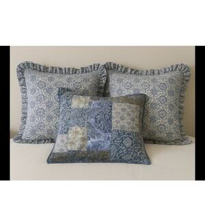 Nobility 3-Pc‎ Blue Paisley Ruffle & Patchwork Floral Pillow Sham Set Cotton